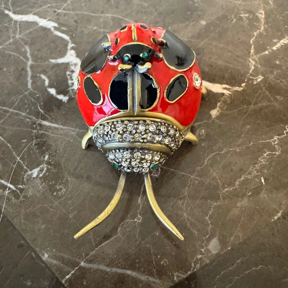 Ladybug Enameled Hinged Trinket Box Crystal Accented Red Black Gold Tone Metal